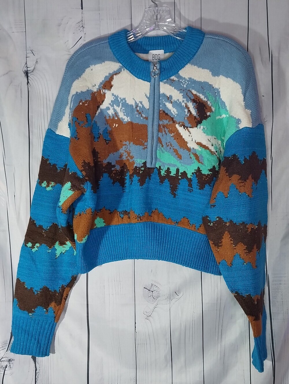 BDG Jesse Mountain Pattern Half-Zip Cropped Vintage Inspired Cabin Core  Sweater
